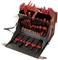 An open toolbox with insulated tools such as screwdrivers, pliers, and spanners, specifically designed for electricians.
