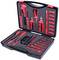 An open suitcase containing various red hand tools such as screwdrivers, pliers and spanners.