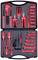 A red tool set with screwdrivers, pliers, spanners and a voltage tester in a black case.