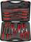 A set of red isolated tools, including screwdrivers and pliers, neatly arranged in a black case.