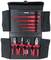 Black case with red electrician's tool set: screwdrivers, pliers and wire cutters, each with insulated handles.