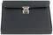 Black leather briefcase with silver snap fastener on white background.