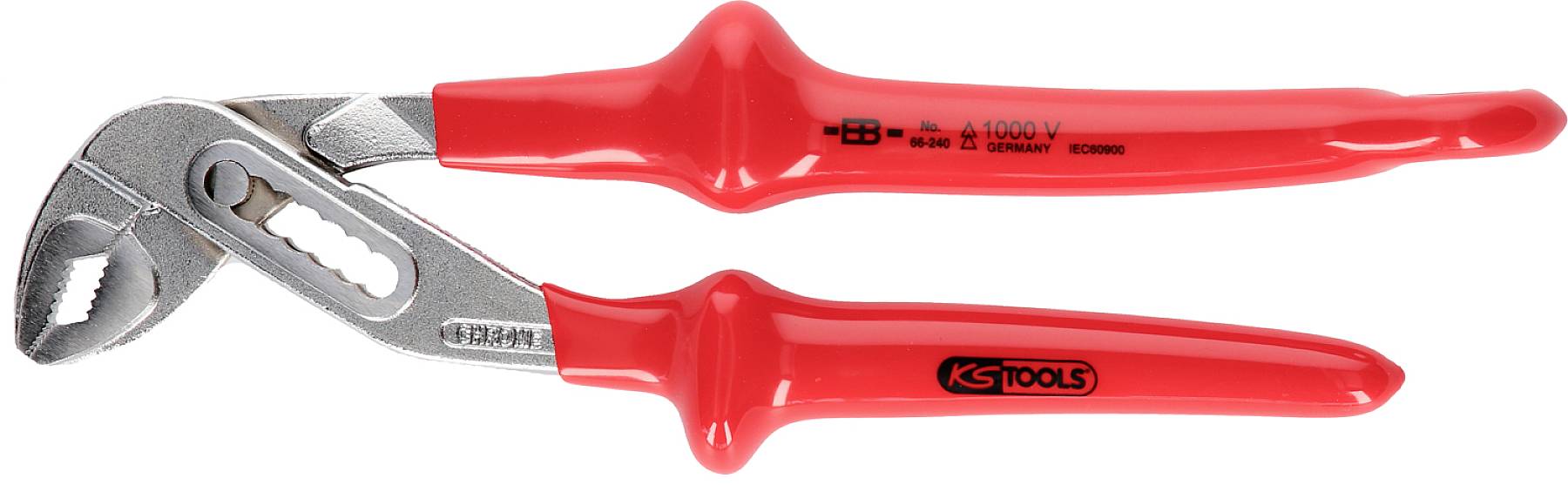 Red water pump pliers with adjustable jaw and insulated handles, suitable for various pipe sizes. Brand logo on the handle.