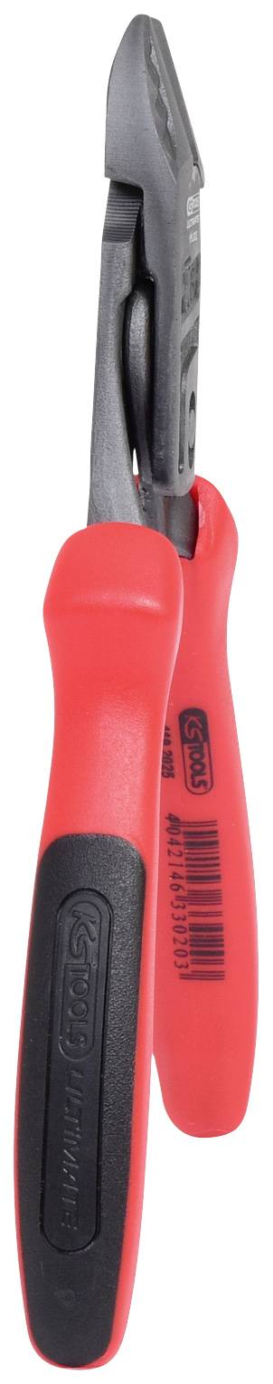 Red and black pliers with an ergonomic handle. Suitable for cutting and gripping workpieces. Ideal for DIY enthusiasts.