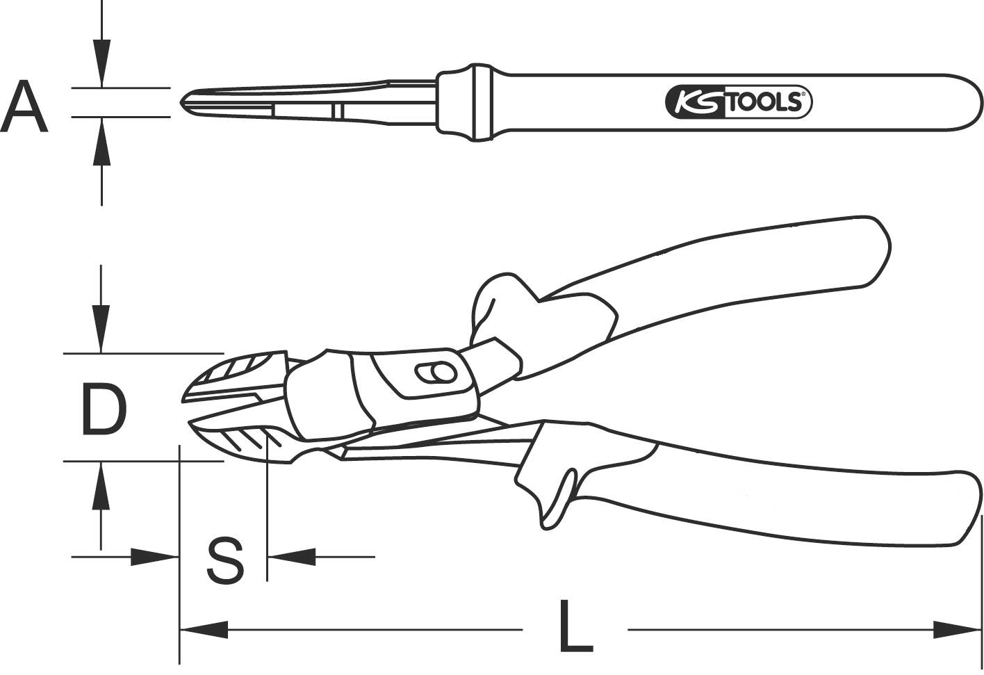 A technical drawing depicts two tools: a pair of pliers and a screwdriver from KS Tools, with dimensional measurements A, D, S, and L.