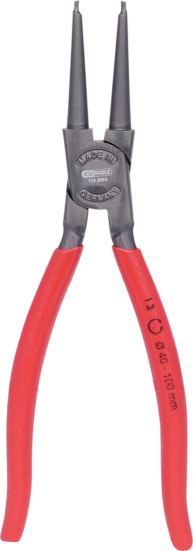 A red diagonal cutting pliers with black tips and a logo on the handle. It is 180 mm long and used for precision work.