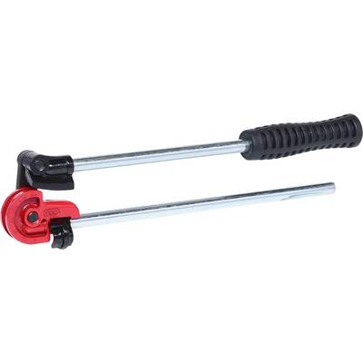 A pipe bender with a black handle and a red, arc-shaped head for manually bending metal pipes.