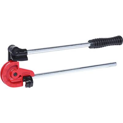 A manual pipe bending tool with a red bending head and two silver handles; used for bending pipes at various angles.