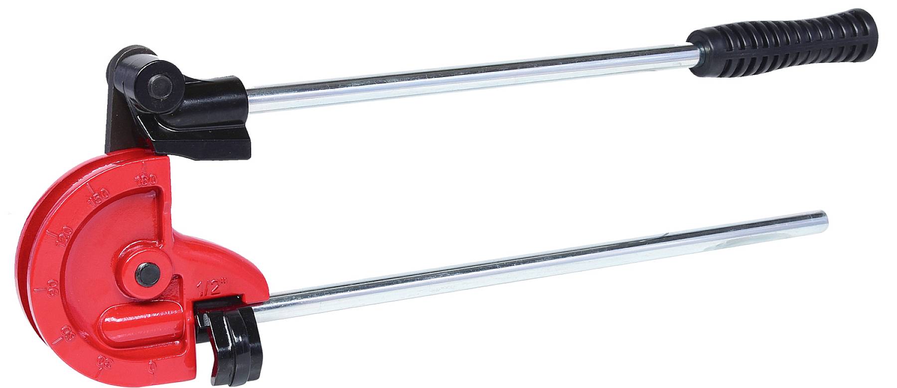 'Manual pipe bender in red with long handle.'