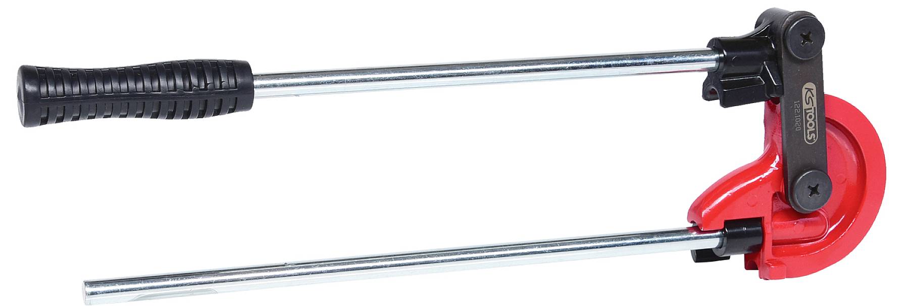 A red pipe bending machine with a black handle and metal levers, on a white background.