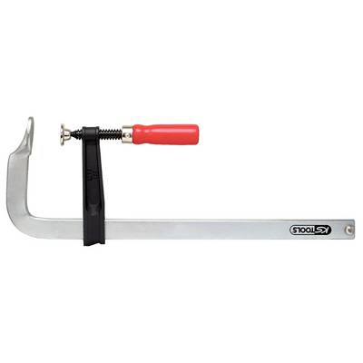 A silver G-clamp with a red handle, suitable for holding workpieces during woodworking or metalworking.