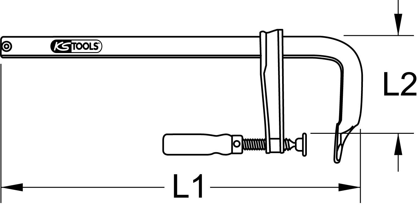 'Technical drawing of a G-clamp. Length L1 marks the handle area, L2 marks the height. KS Tools logo in the top left corner.'