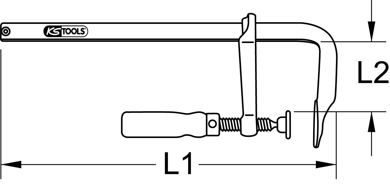 A G-clamp with the KS Tools logo, showing dimensions L1 and L2, illustrates the construction and measurements of the clamp.