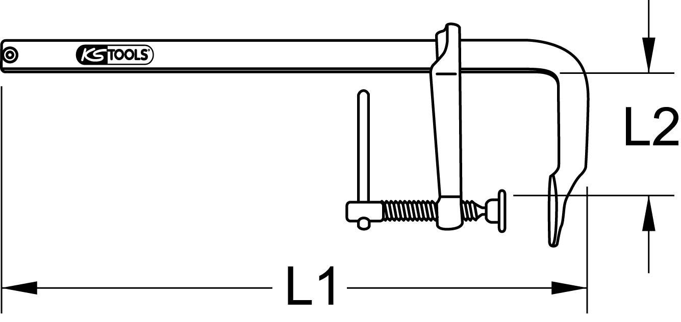 Figure of a G-clamp, side view, with marked dimensions L1 and L2. Logo 'KS TOOLS' in top left corner.