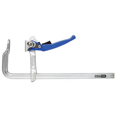 A silver G-clamp tool with a blue handle, used for securing materials, displayed on a white surface.