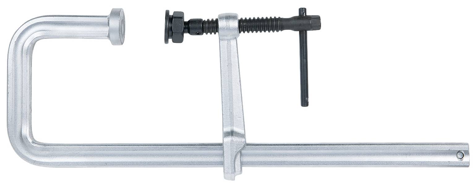 Metal G-clamp with C-shaped frame and screw mechanism for gripping and holding materials in place.