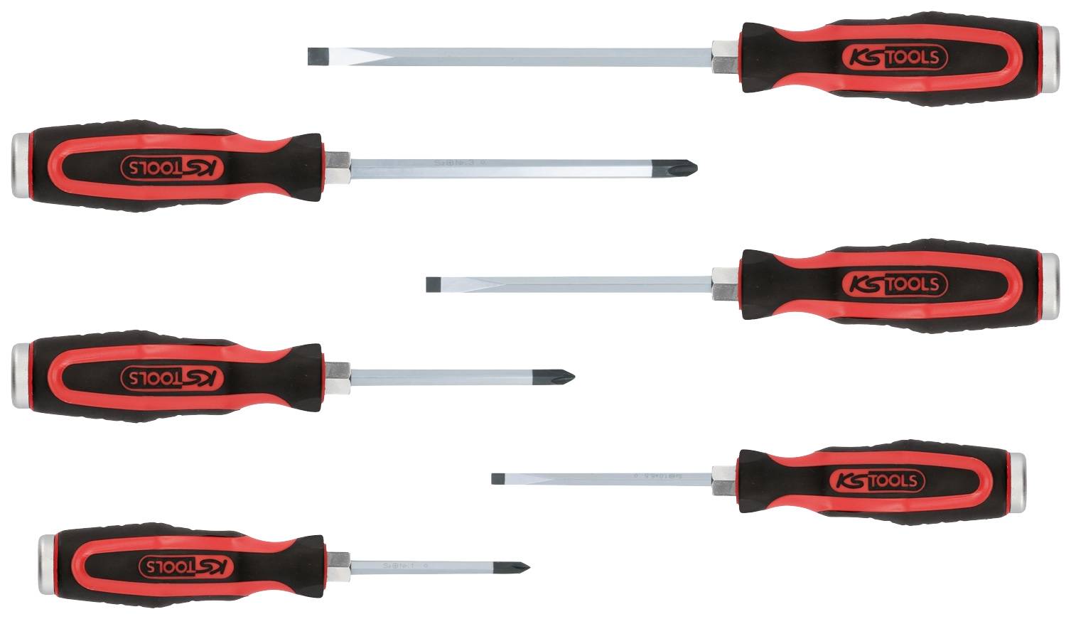 Six screwdrivers with black handles and red accents arranged in two rows. Different variants for various screw types.
