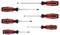 Six screwdrivers with black handles and red accents arranged in two rows. Different variants for various screw types.