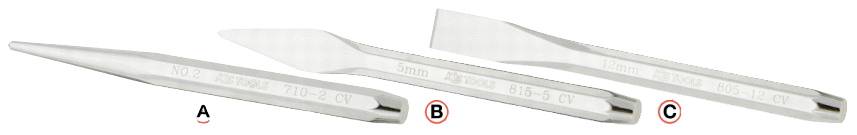 Three different chisel attachments (A, B, C) for a surgical instrument. A with a broad tip, B with a longer tip, C with a straight blade.