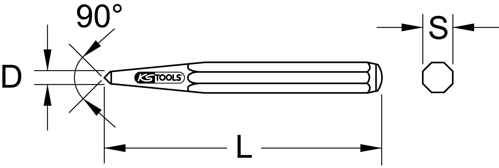 Figure of a countersink tool with a 90° chamfer angle, dimensions 'D', 'L', and 'S' indicated. KS TOOLS brand logo visible.
