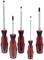Five screwdrivers with black and red handles in various sizes; two Phillips head and three flathead screwdrivers.