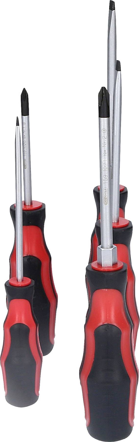 Six screwdrivers with red and black handles, in various sizes, are lined up side by side.