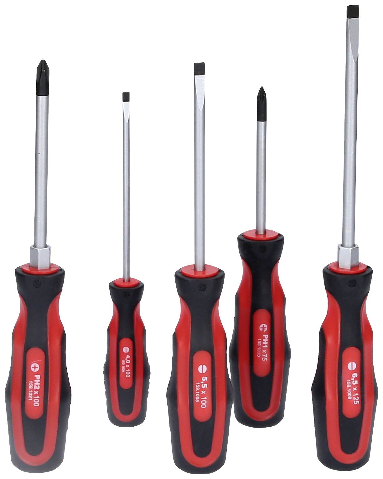 Five screwdrivers in various sizes with red and black handles, arranged from small to large.