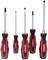 Five screwdrivers in various sizes with red and black handles, arranged from small to large.