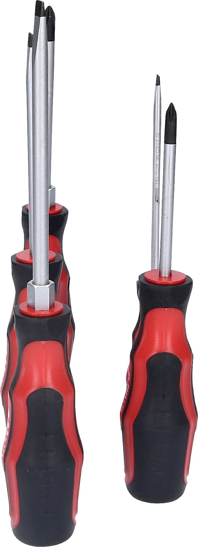 Six screwdrivers with red and black handles in various sizes are standing upright.