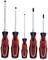 Five screwdrivers with red and black handles in various sizes, suitable for flat and cross-head screws.