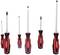 Six screwdrivers in various sizes and designs with red and black handles on a white background.
