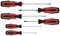 A set of six screwdrivers with black handles and red accents, each featuring different tip shapes.