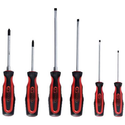 Six screwdrivers in various sizes with black and red handles are lined up side by side.