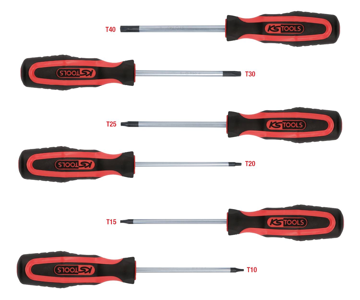 Six screwdrivers with red and black handles in various sizes, from T10 to T40, on a white background.