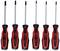 Six screwdrivers with red and black handles, arranged in a row side by side, suitable for different screw types.