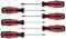 'Five screwdrivers with black and red handles, stacked in a row. Each screwdriver has a different tip.'