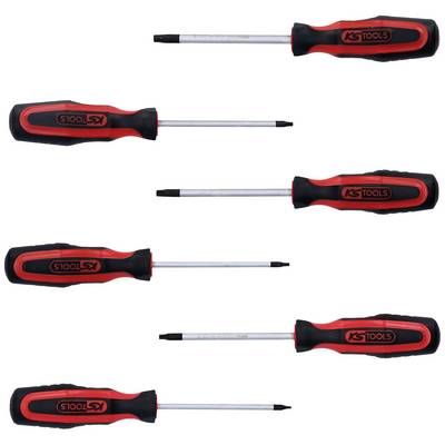 Five screwdrivers with black and red handles, lying side by side. Each has a different slotted type. Brand logo on the side.