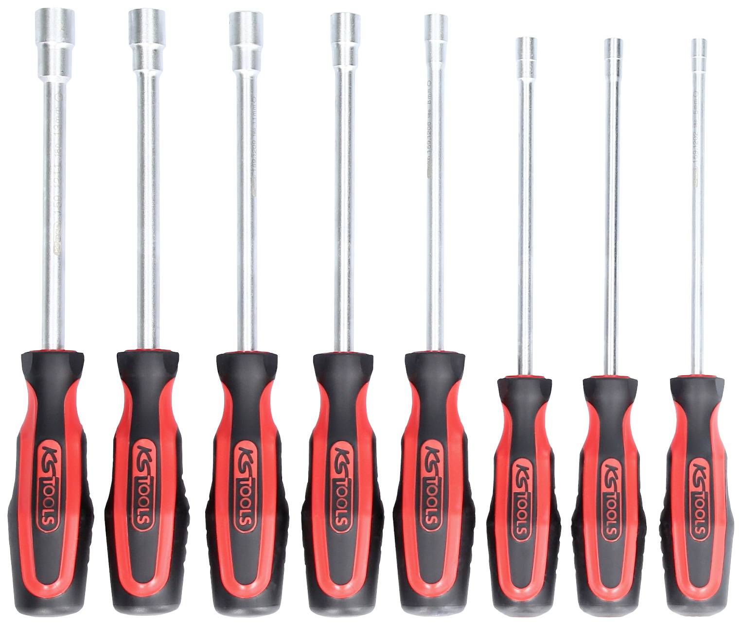 A set of seven screwdrivers with red and black handles, standing upright.