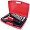 Red plastic case with a rivet pliers and nine different nozzle attachments, carefully laid out in compartments.