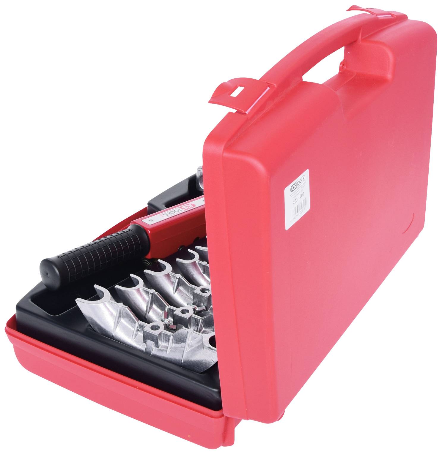 A red plastic case with automotive dent repair tools: includes a handle and several metallic attachments designed for bodywork repair.