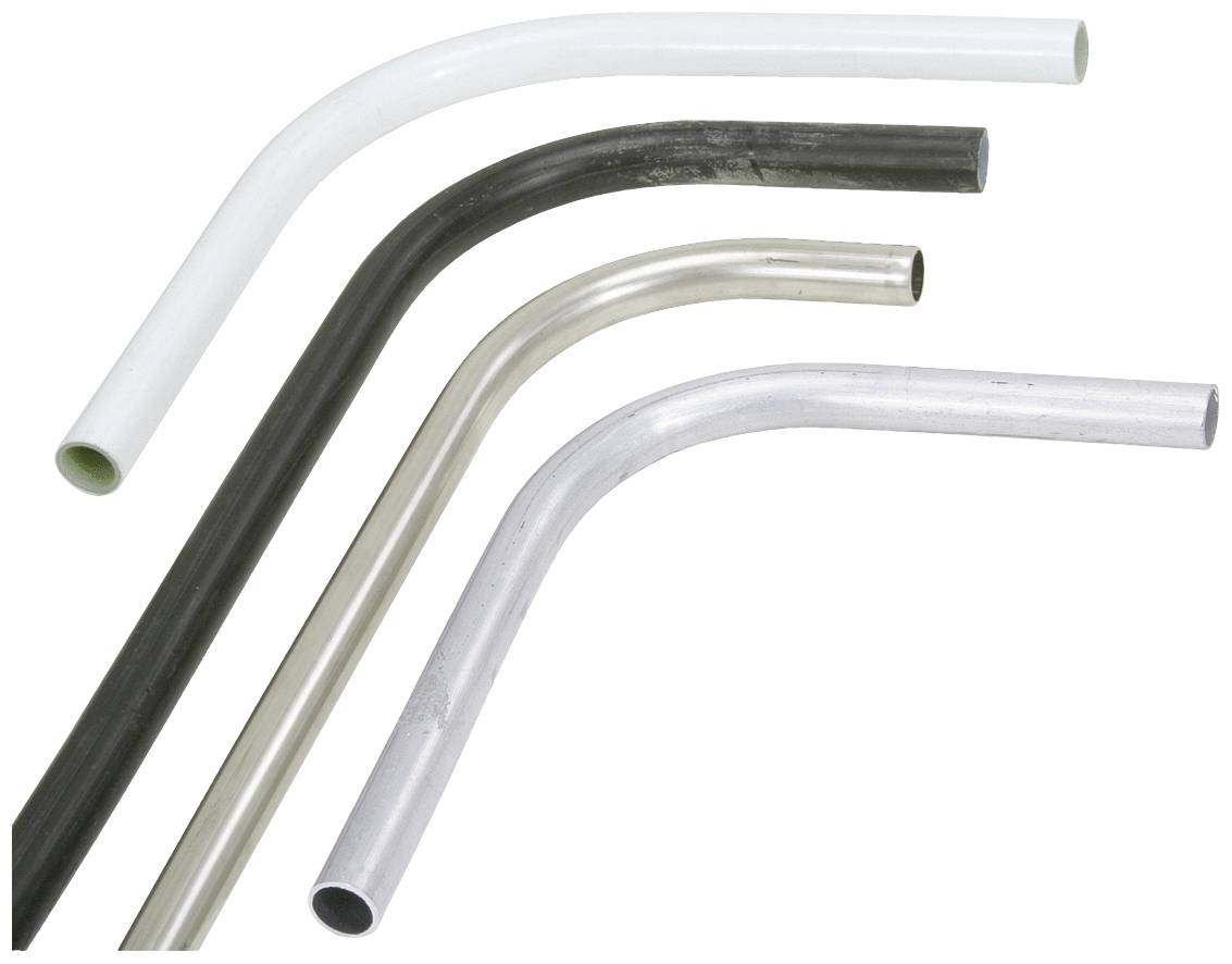 Four curved pipes in various materials and colours (white, black, silver, grey) on a white background.