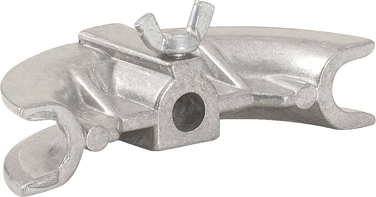 A metallic connector in the shape of a wing with a central screw fastening, presumably for connecting components.