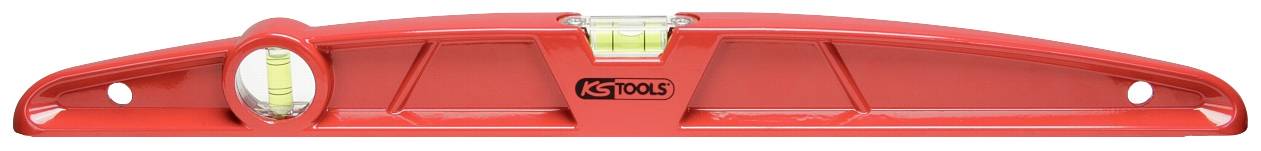 A red spirit level with two vials for precise levelling of surfaces.