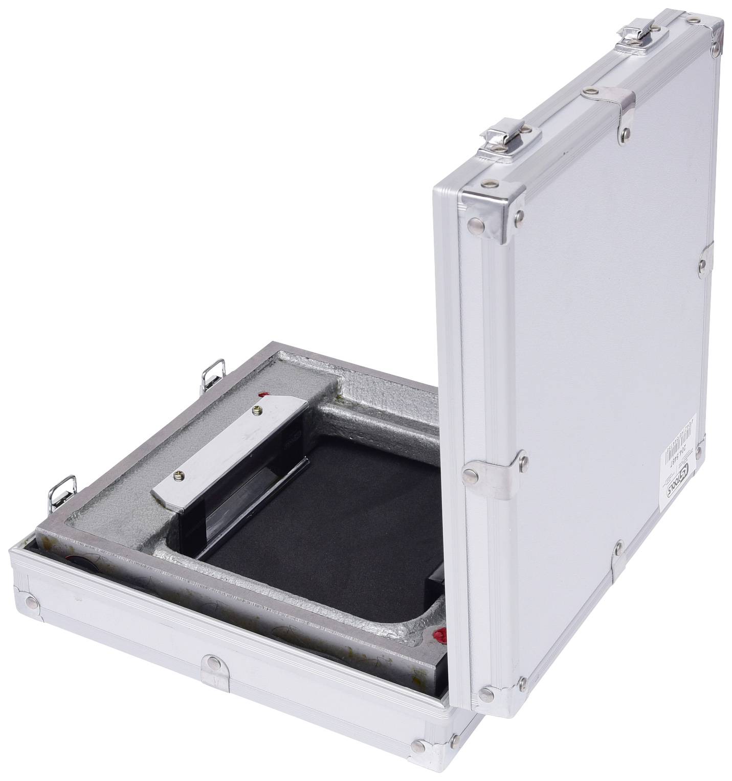 Open aluminium case with padded interior, suitable for the secure transportation of delicate items.