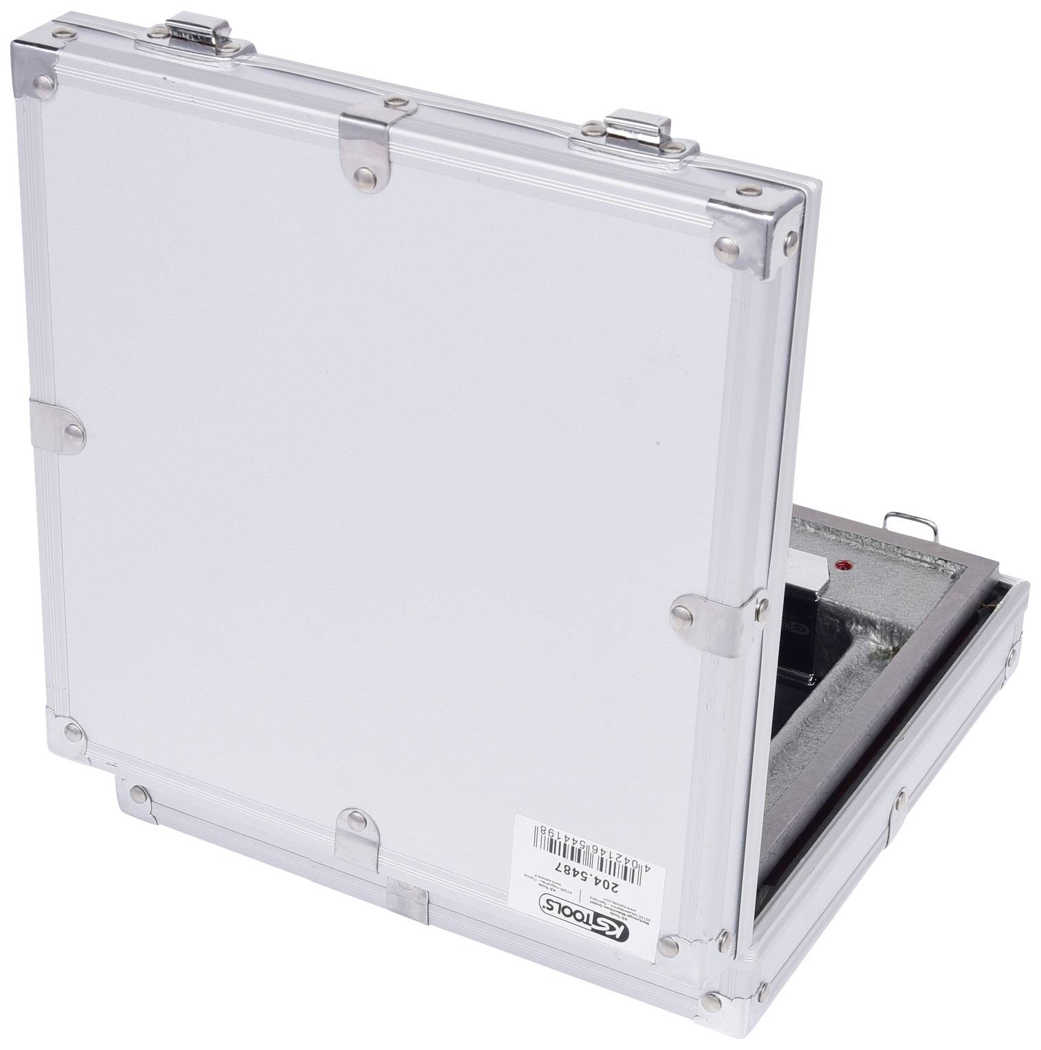 Silver metal case, slightly open, reveals an insertable foam insert with space for a device or accessories.