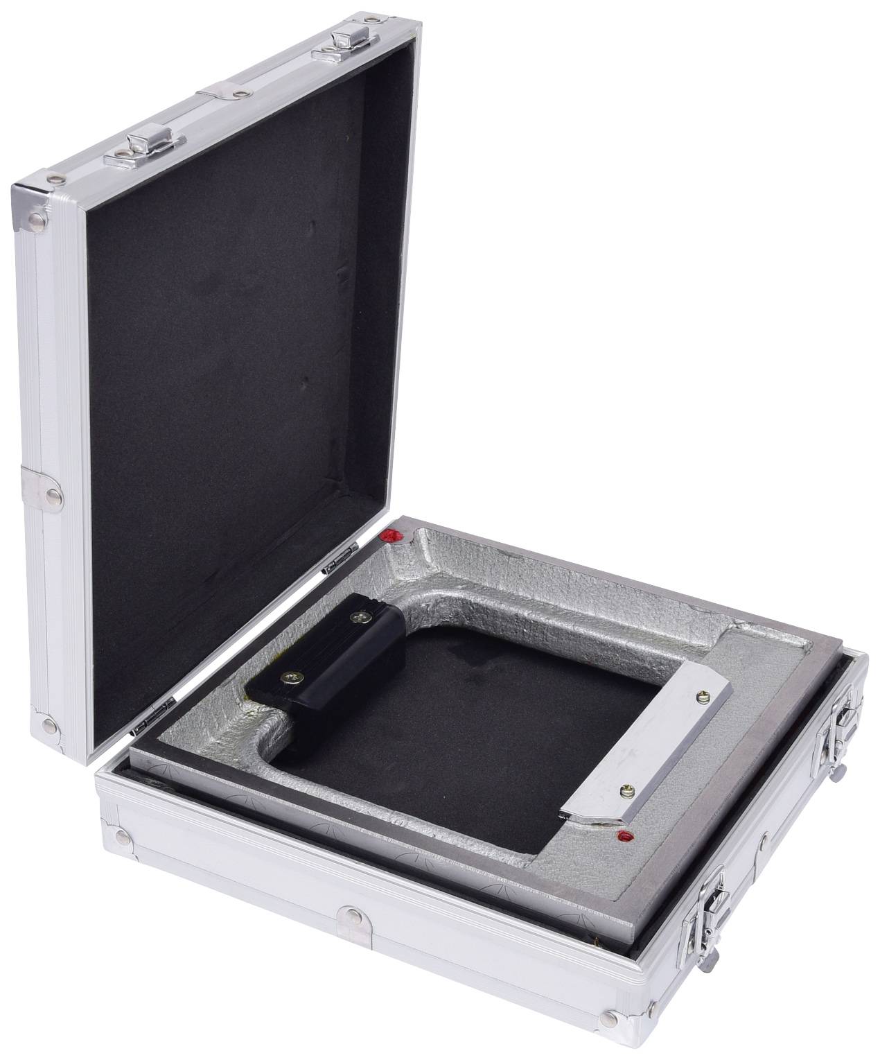 An open silver briefcase with black interior lining and a square recess, suitable for secure transportation.