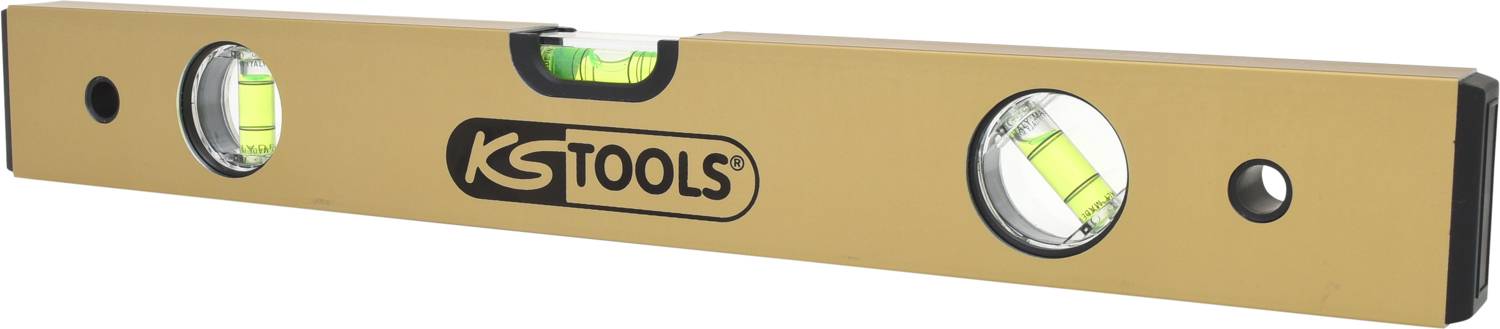 Spirit level with three vials for measuring horizontal and vertical alignment, brand logo in the centre of the tool.