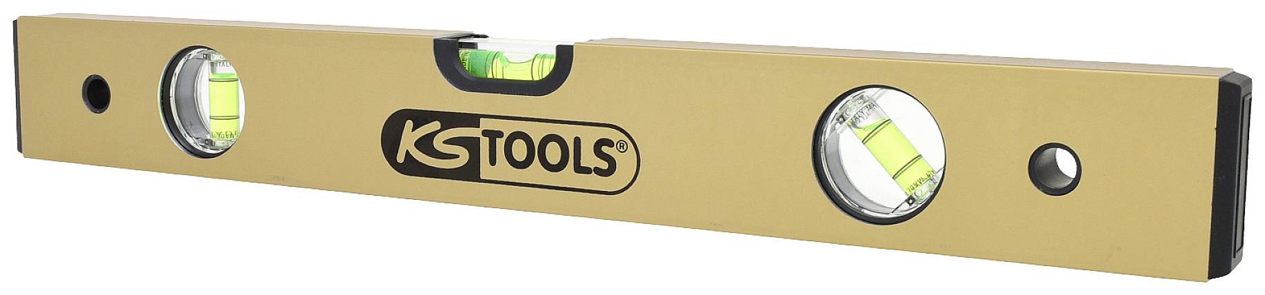 Spirit level with three vials for horizontal and vertical measurements, yellow casing, brand 'KS TOOLS'.