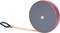 A grey, round tape measure with a red edge and yellow tape, attached to a black loop.