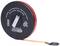 Black and red retractable measuring tape with 30 metres in length. Plastic casing, metal clip and tape with a hook at the end.